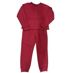 Waffle Knit 2-Piece Pajama Set Womens Medium Red Lounge Cozy Warm Stretch Comfy
